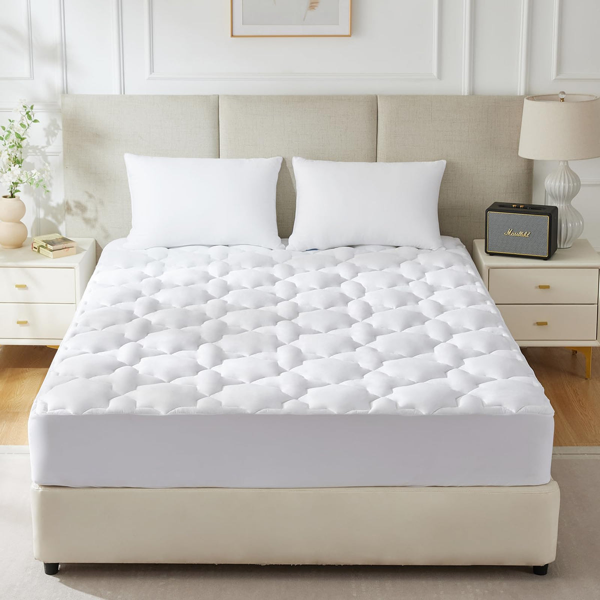 CozyLux King Mattress Pad in-use bed scene showing cozy, breathable topper