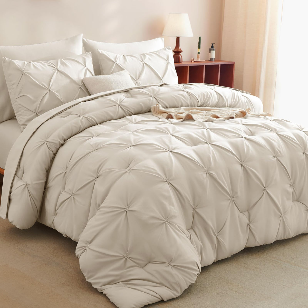 Cozylux king-size beige pintuck comforter with breathable fabric for restful nights.