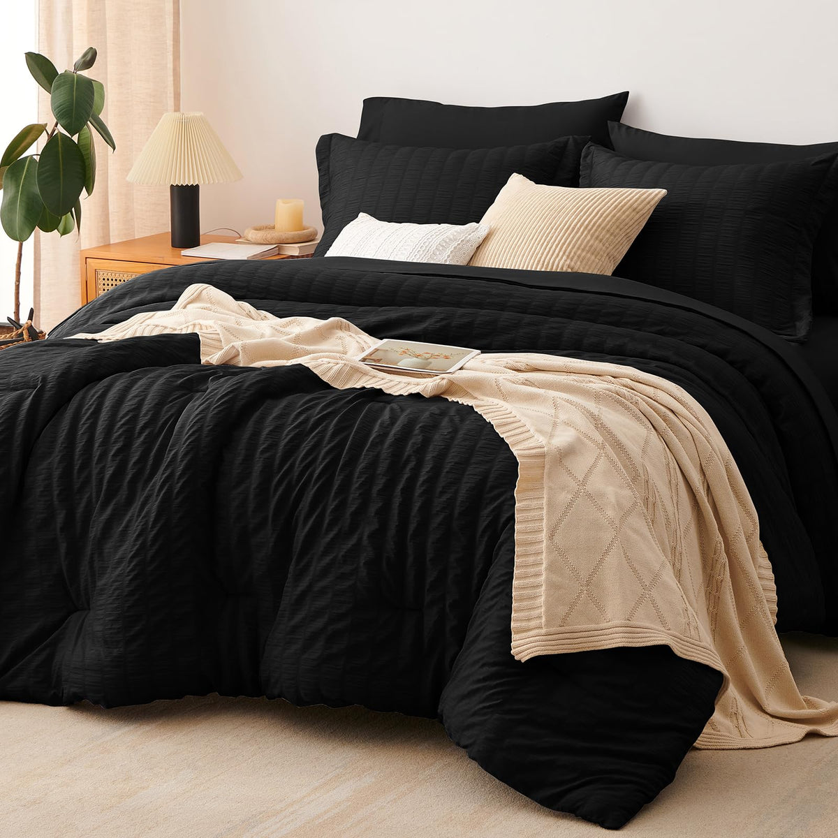 CozyLux king-size comforter in black seersucker texture for all-season warmth.