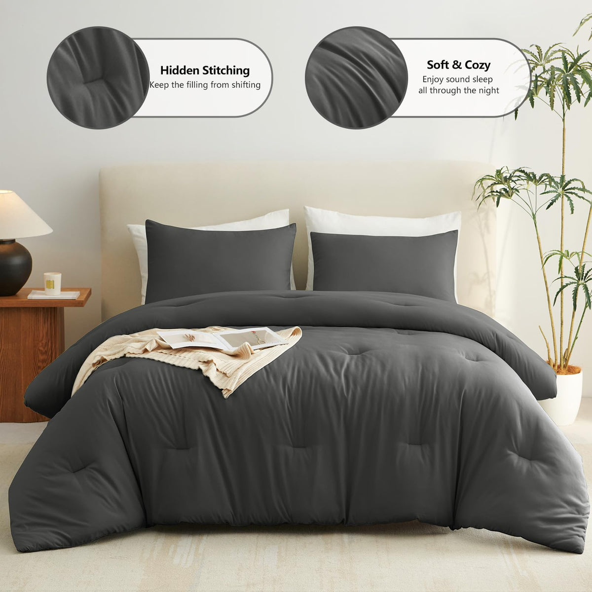 CozyLux dark grey fabric close-up highlights ultra-soft microfiber for year-round comfort.