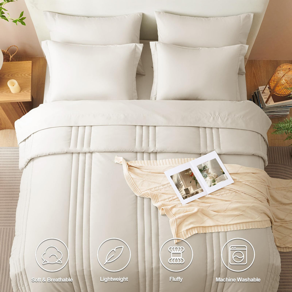 CozyLux king-size comforter set beige on a bed with sheets for all-season warmth