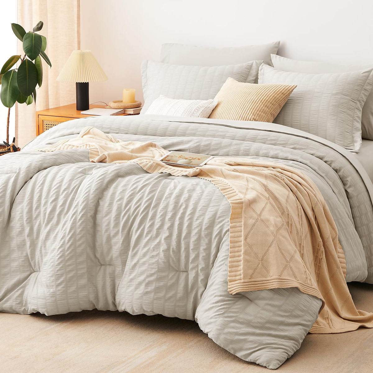CozyLux king-size comforter set in beige seersucker for cozy warmth.