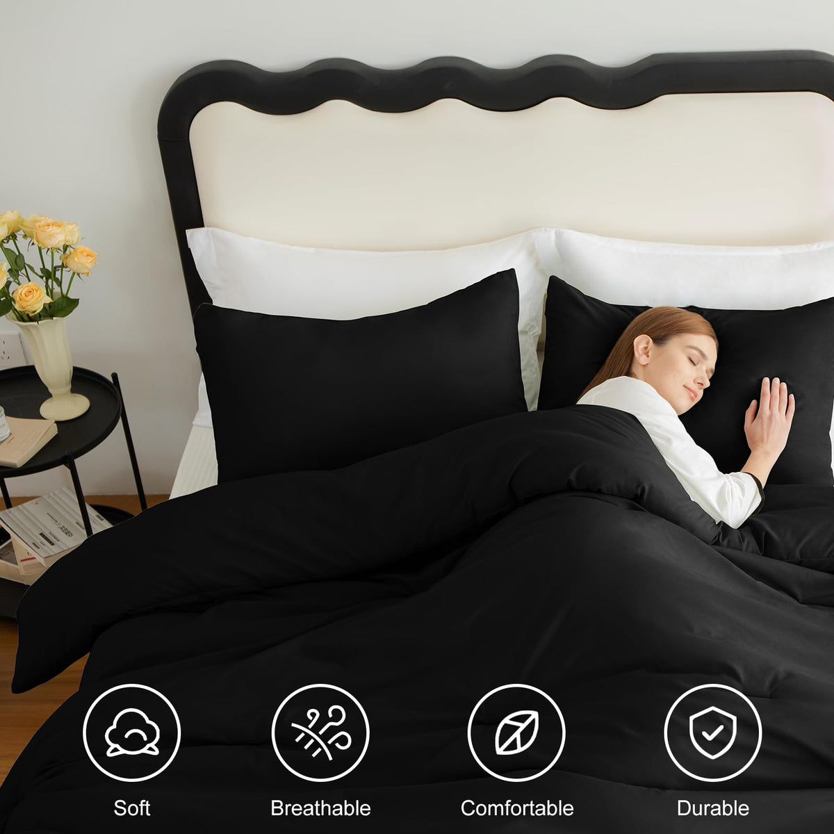 CozyLux fabric-texture close-up shows breathable microfiber for year-round comfort.