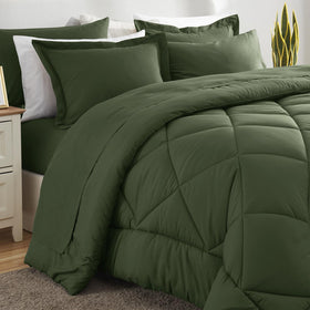 All-season use in cozy olive green bedding display