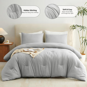 CozyLux light grey bedding collection shown on a neatly made bed.