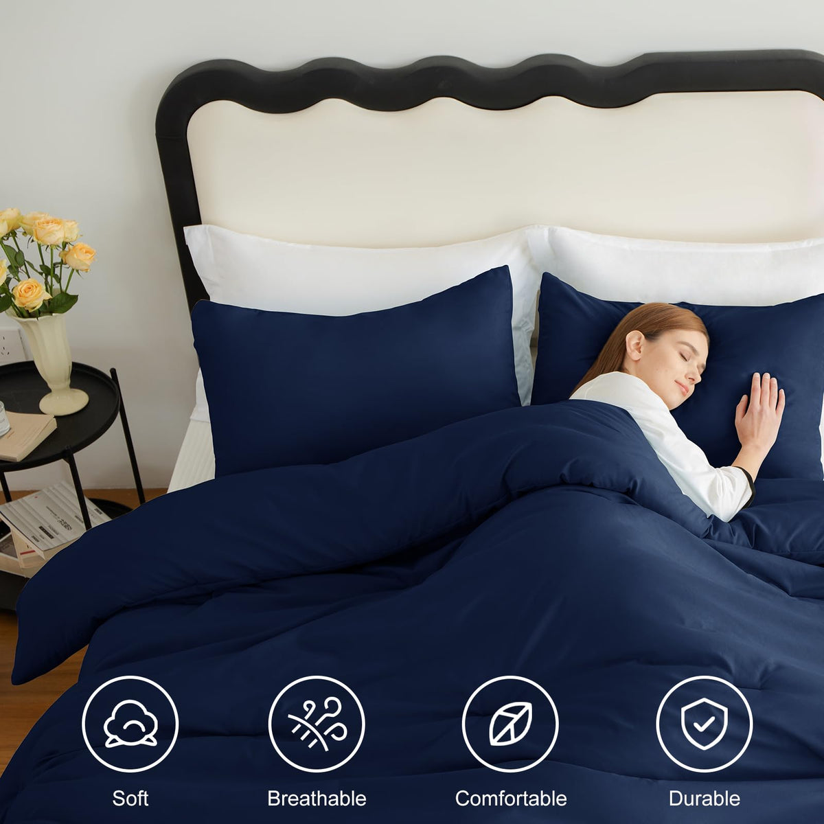 CozyLux navy blue comforter four-corner ties help prevent shifting