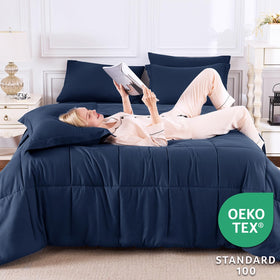 CozyLux navy microfiber texture close-up for soft, breathable year-round comfort.
