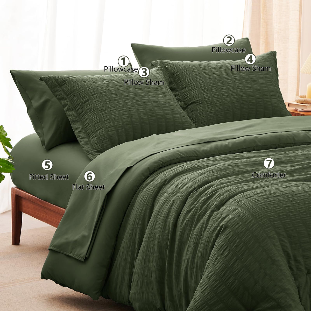CozyLux olive green seersucker detail highlights refined texture.