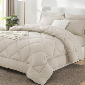 CozyLux oversized queen beige comforter set packaging shows a vacuum-sealed bag for compact storage