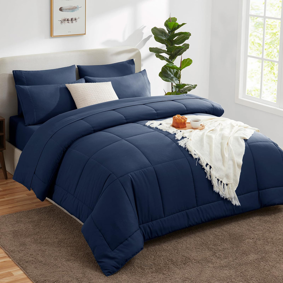 CozyLux vacuum-packaging navy bed in a bag for compact shipping.