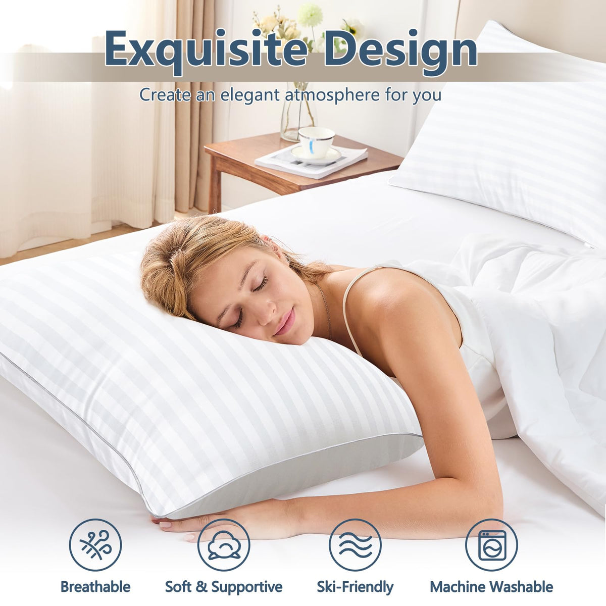 CozyLux pillow fluffed on bed showing plush loft and comfort.