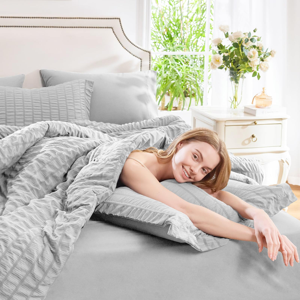 CozyLux pillow shams in soft grey complement the bedding