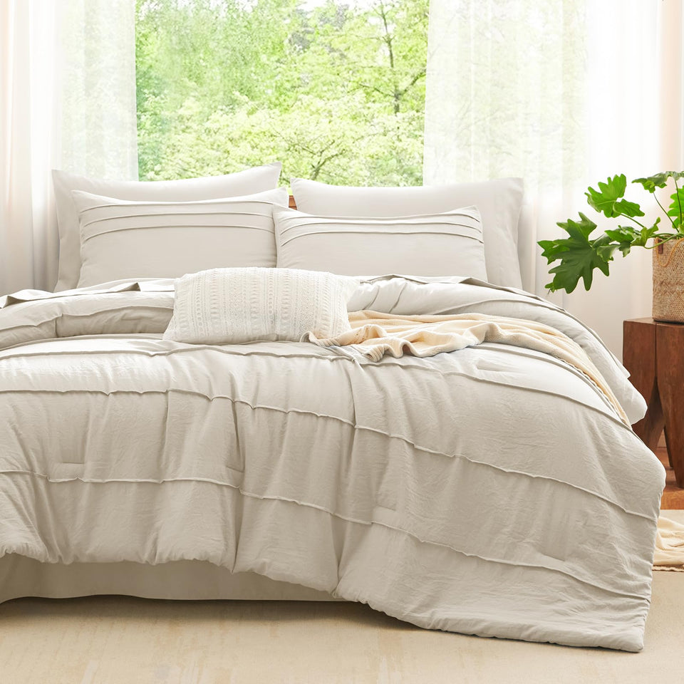 CozyLux queen comforter beige with pinch pleat close-up showing quilting for luxurious warmth