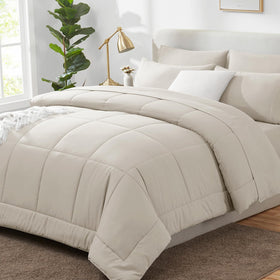 CozyLux queen beige quilted comforter with durable stitching for all-season warmth