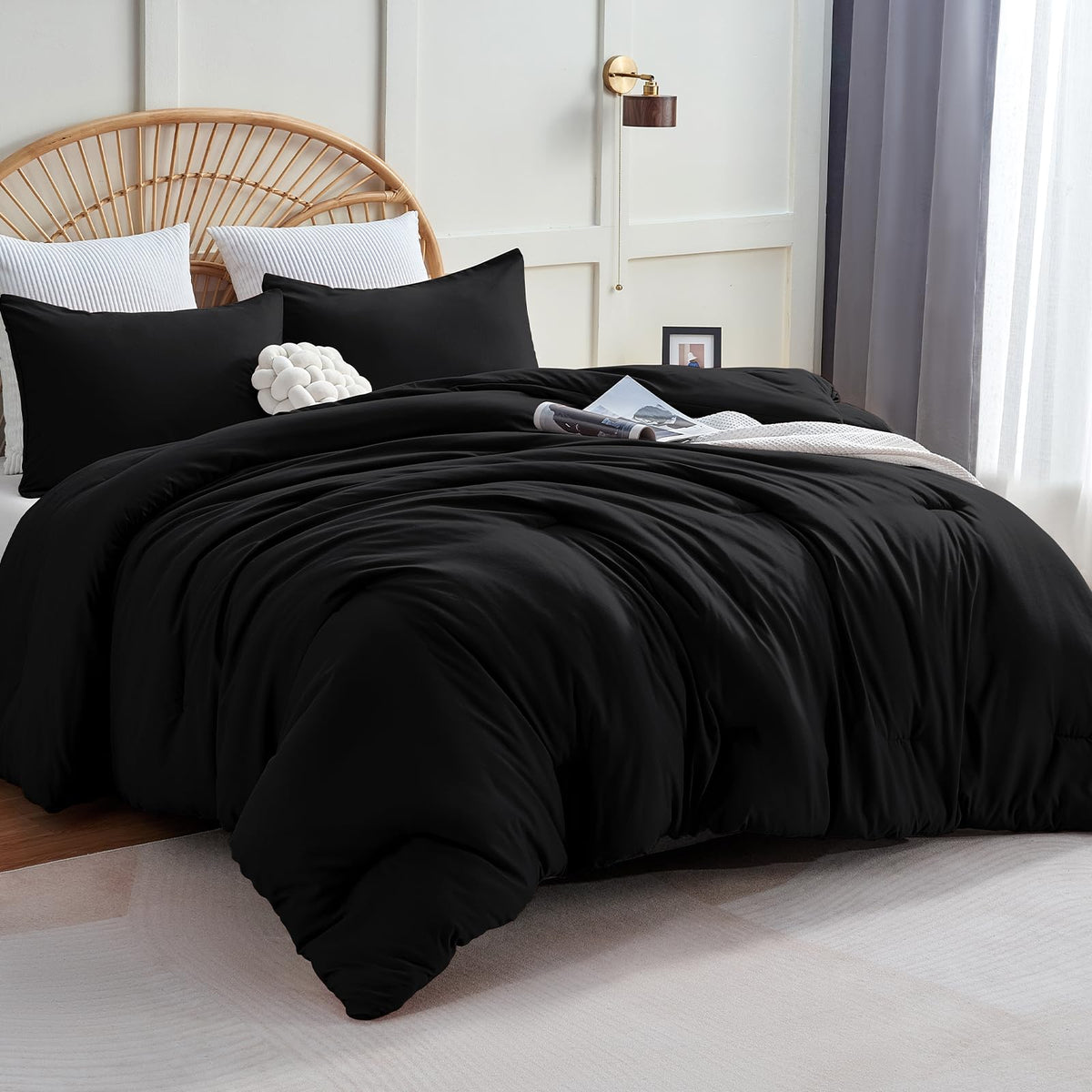 CozyLux queen comforter on a black bed, delivers soft warmth for every season.