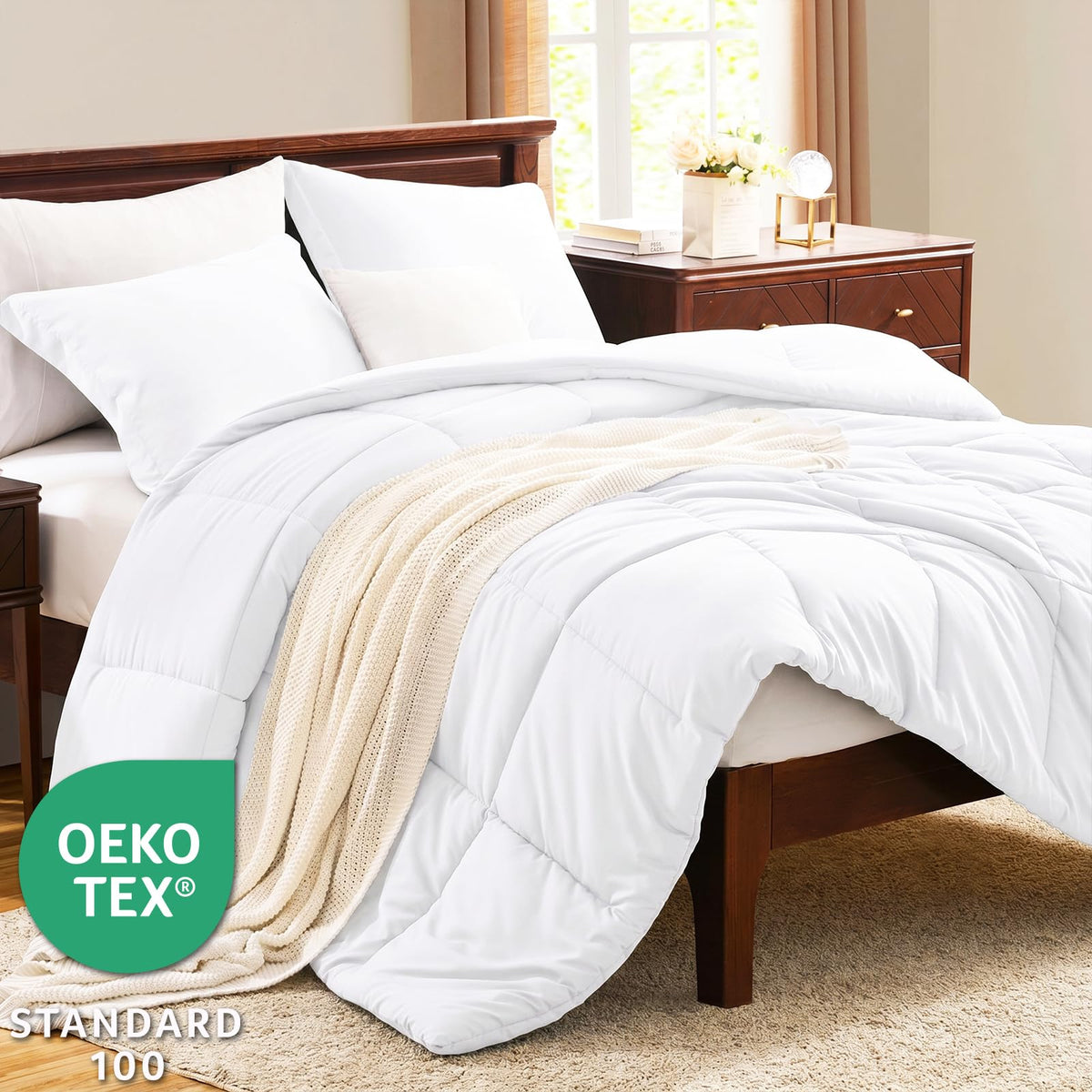 CozyLux Queen comforter in ivory tones for a serene all-season look.
