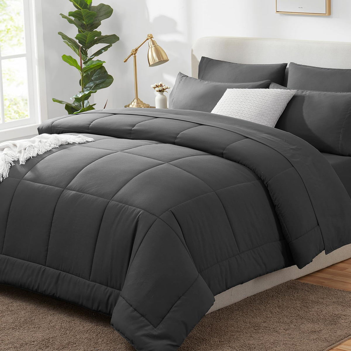 CozyLux queen comforter in dark grey with quilted design for year-round warmth