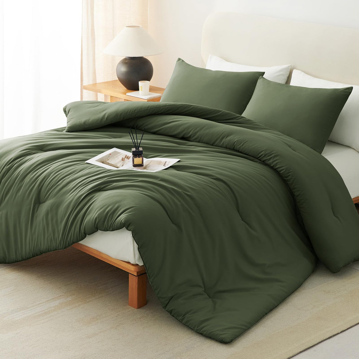CozyLux queen olive green comforter in packaging, ready to puff after first wash