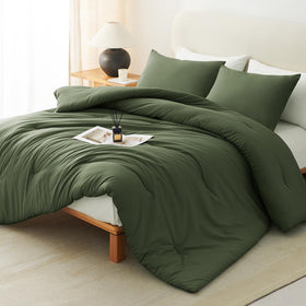CozyLux queen olive green comforter in packaging, ready to puff after first wash