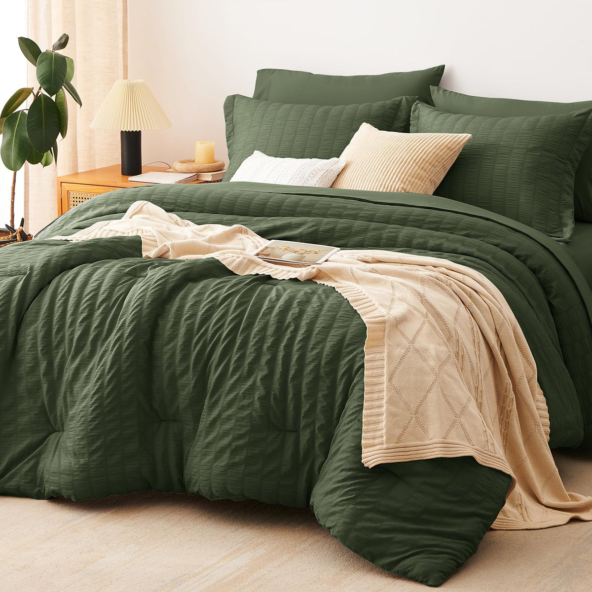 CozyLux queen comforter in olive green seersucker adds inviting texture and warmth.