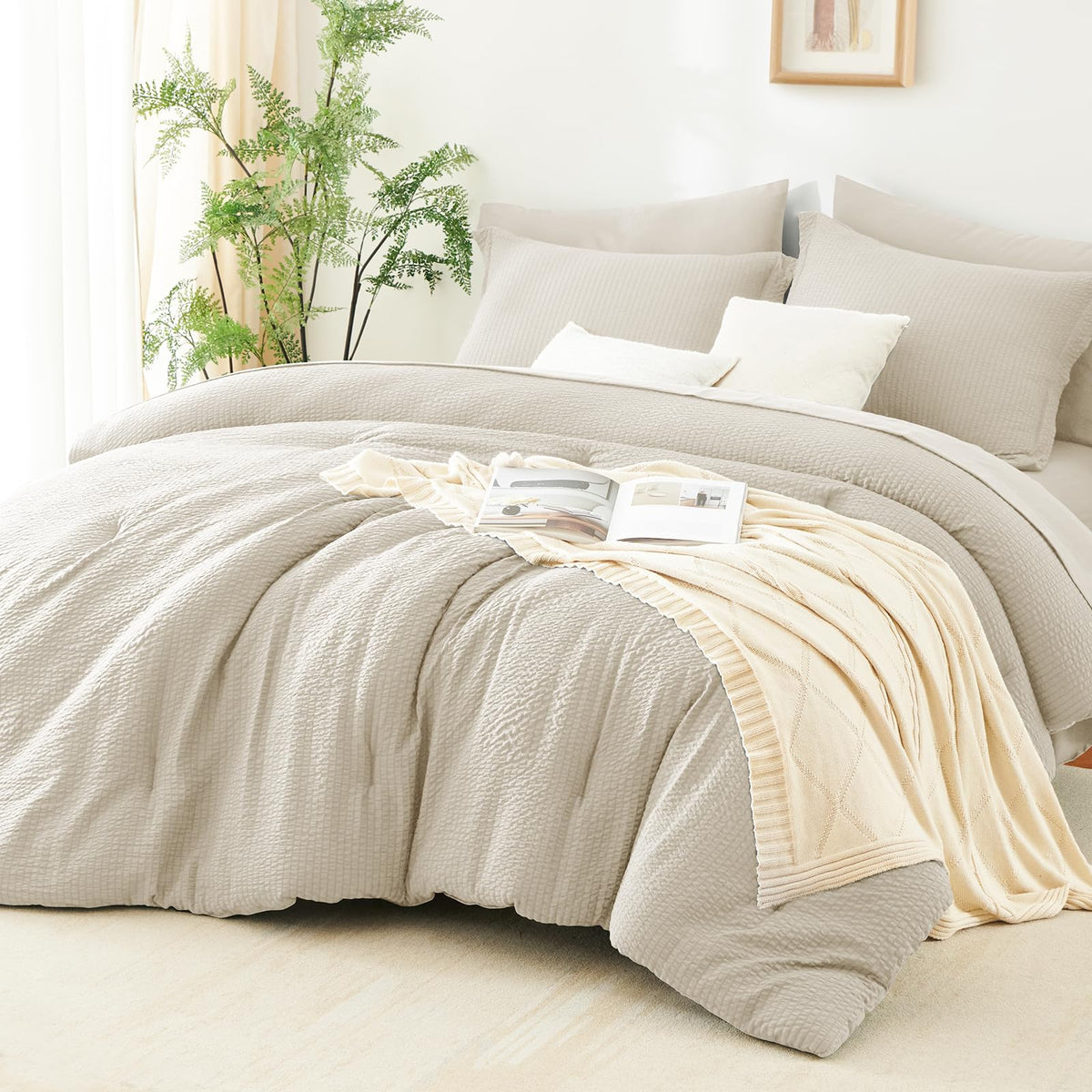 CozyLux queen comforter set in beige seersucker stripes enhances a calm, stylish bedroom for year-round comfort.