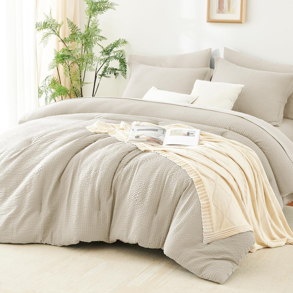 CozyLux queen comforter set in beige seersucker stripes enhances a calm, stylish bedroom for year-round comfort.