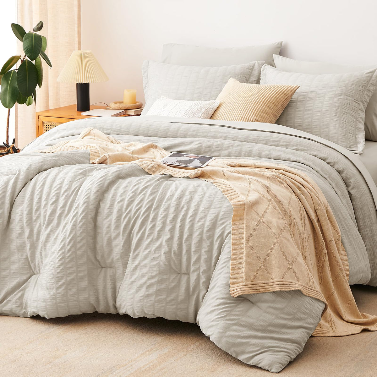 CozyLux queen comforter set with beige seersucker for year-round warmth