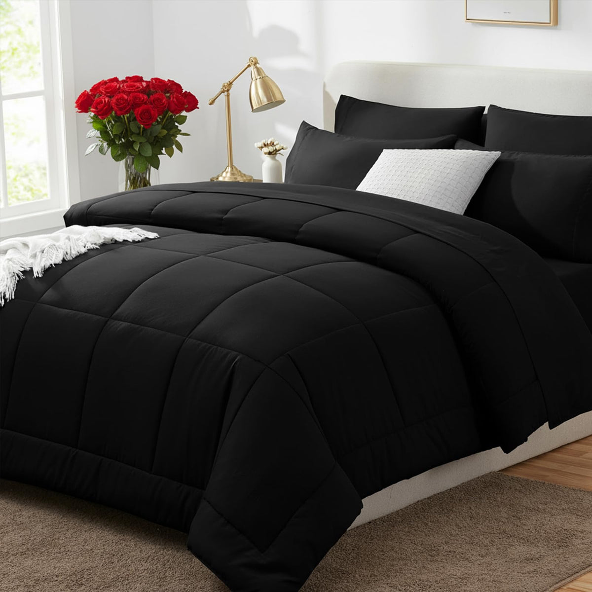 CozyLux queen black quilted-stitch comforter set shows durable stitching and refined texture.