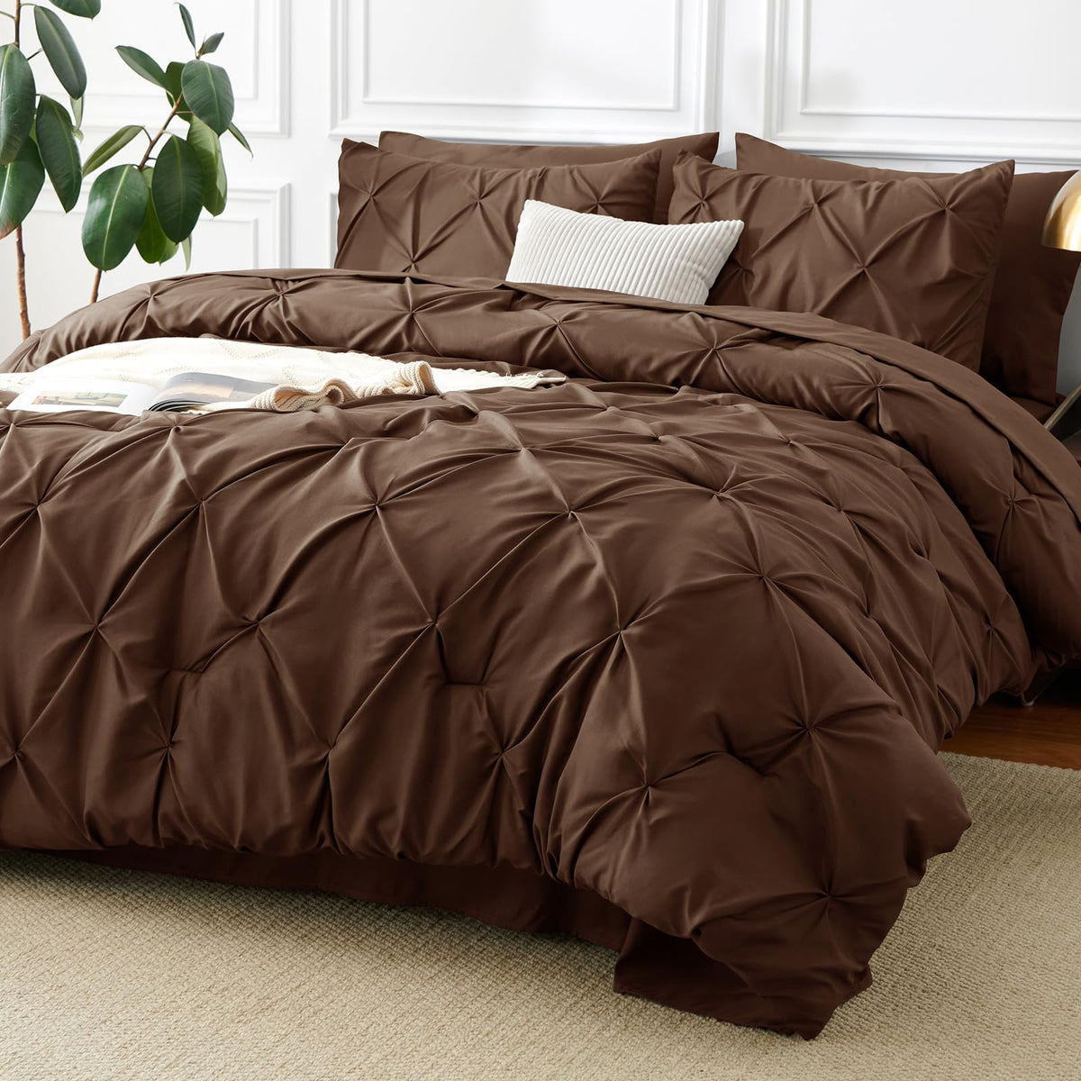 CozyLux queen brown comforter with pintuck design adds modern texture to the bed.