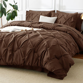 CozyLux queen brown comforter with pintuck design adds modern texture to the bed.