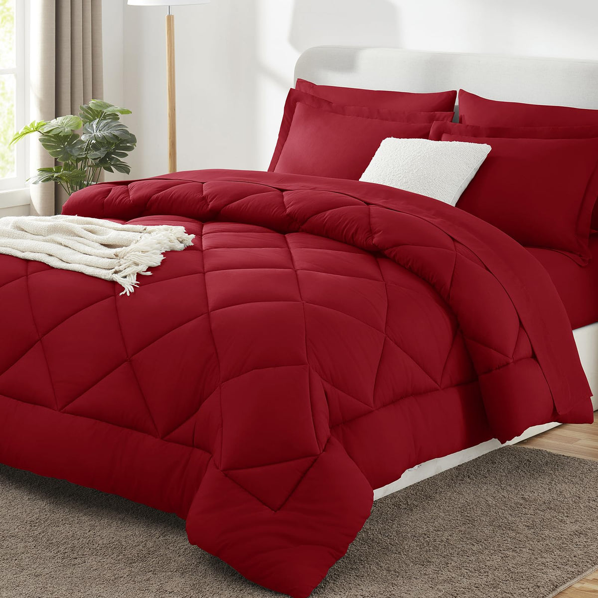 CozyLux queen comforter set in dark red delivers all-season warmth with breathable microfiber.