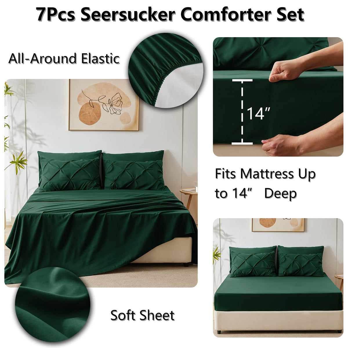 Close-up of pintuck stitching on CozyLux emerald green comforter.