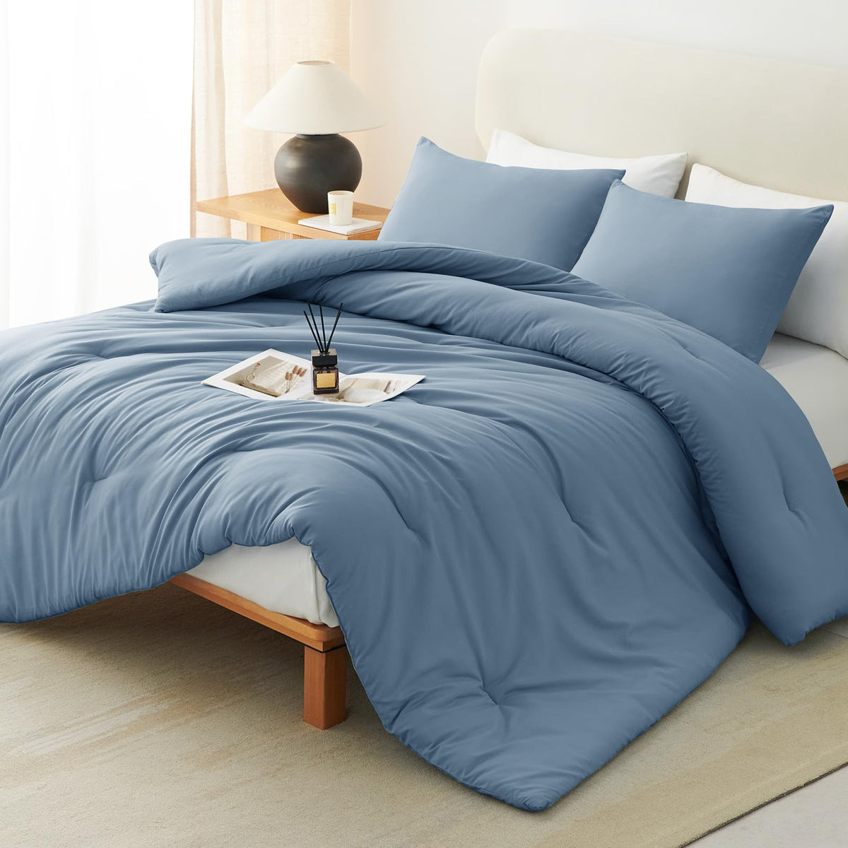 CozyLux queen comforter set in grayish-blue on a bed for full coverage