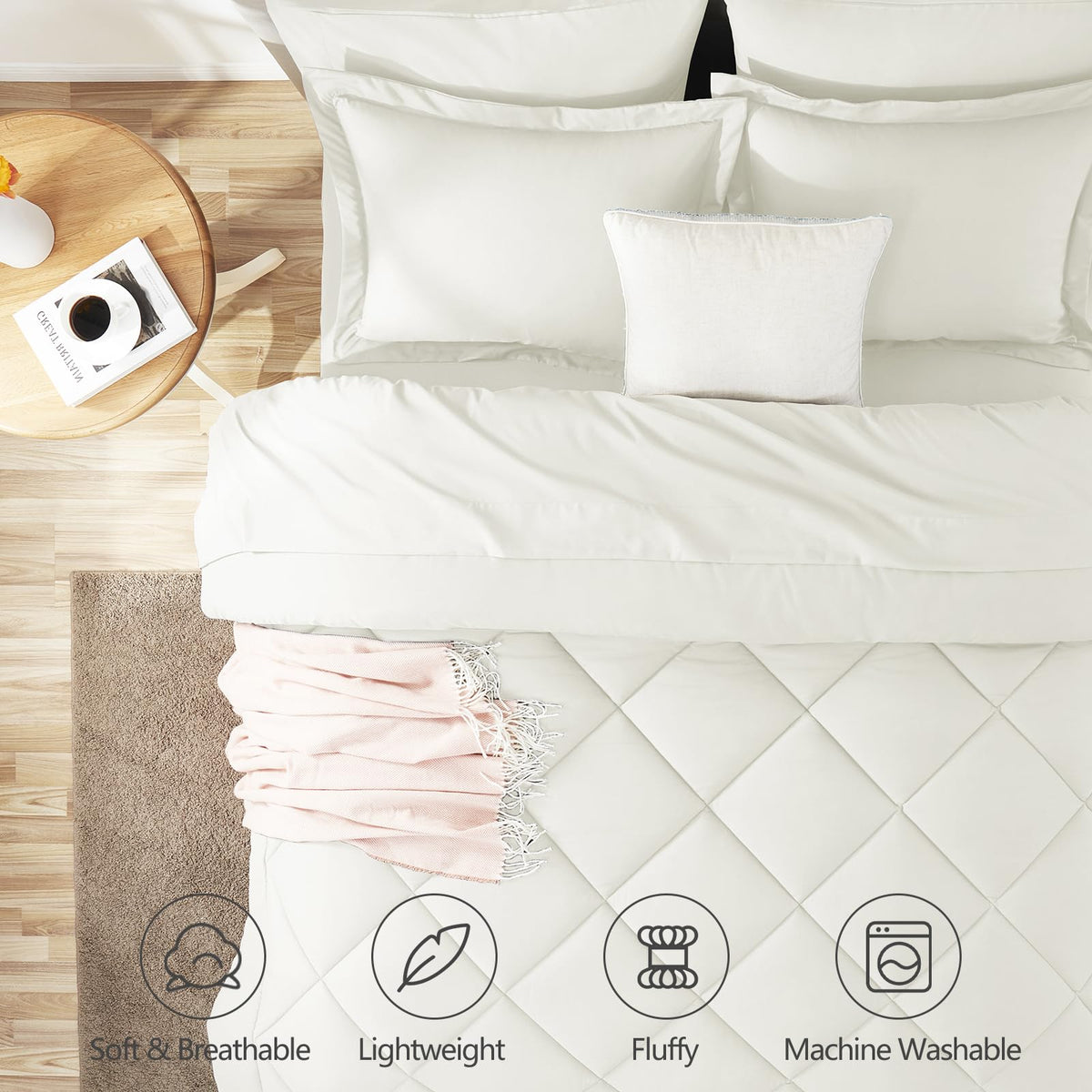 CozyLux queen comforter set Ivory on bed displaying luxurious look and comfort