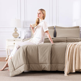 CozyLux queen comforter set khaki box-stitch-detail reveals structured, premium look