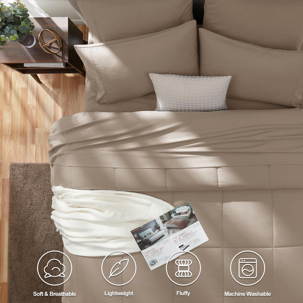 CozyLux queen comforter set khaki folded bed-side highlights easy care and quick setup
