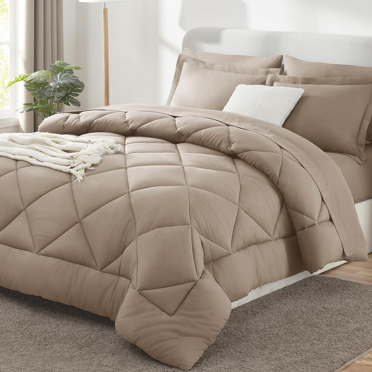 CozyLux Queen Comforter Set in Khaki packaging showing compact storage.