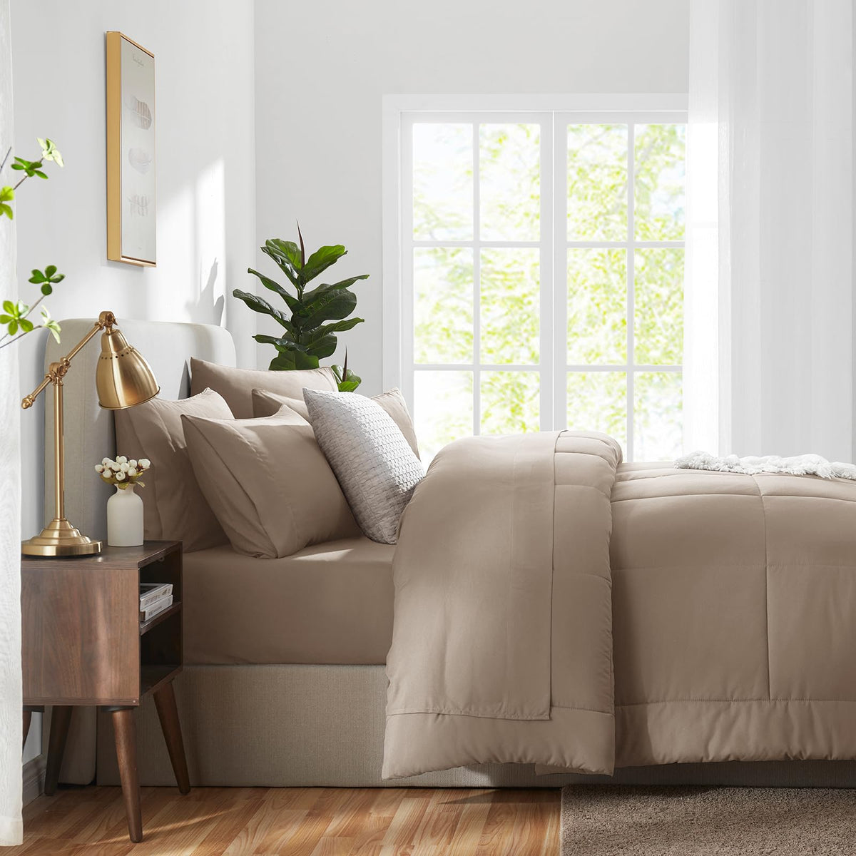 CozyLux queen comforter set khaki tumble-dry-closeup offers quick-dry convenience