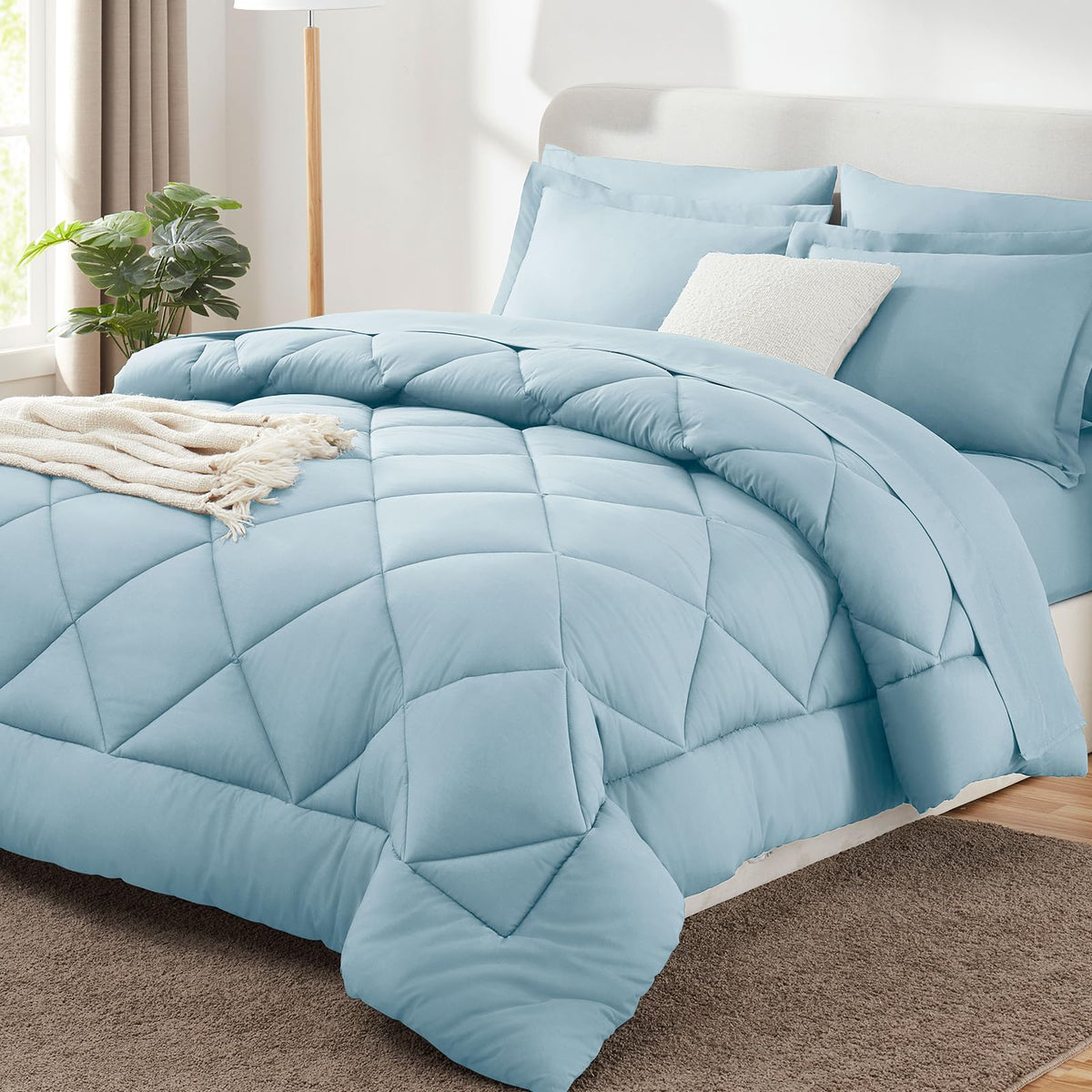 CozyLux queen comforter set in light blue, breathable microfiber for all-season comfort.