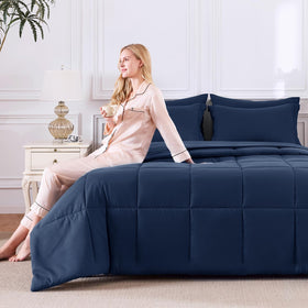 CozyLux Queen Comforter Set navy flat sheet closeup shows pocket depth.
