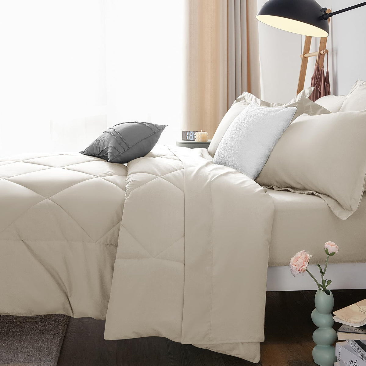 CozyLux queen oatmeal bed-in-a-bag contents laid out neatly