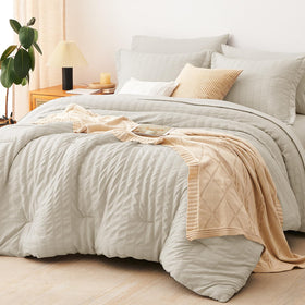 CozyLux queen comforter set in oatmeal seersucker front view enhances cozy bedroom ambiance