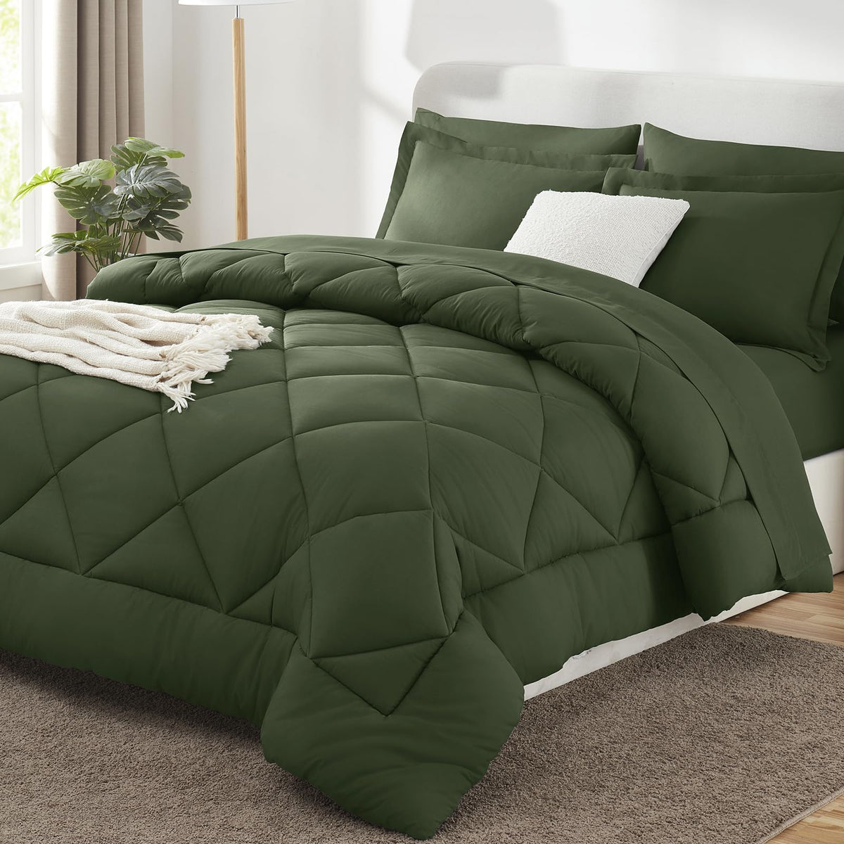 CozyLux queen olive green comforter set packaging in vacuum bag for easy storage