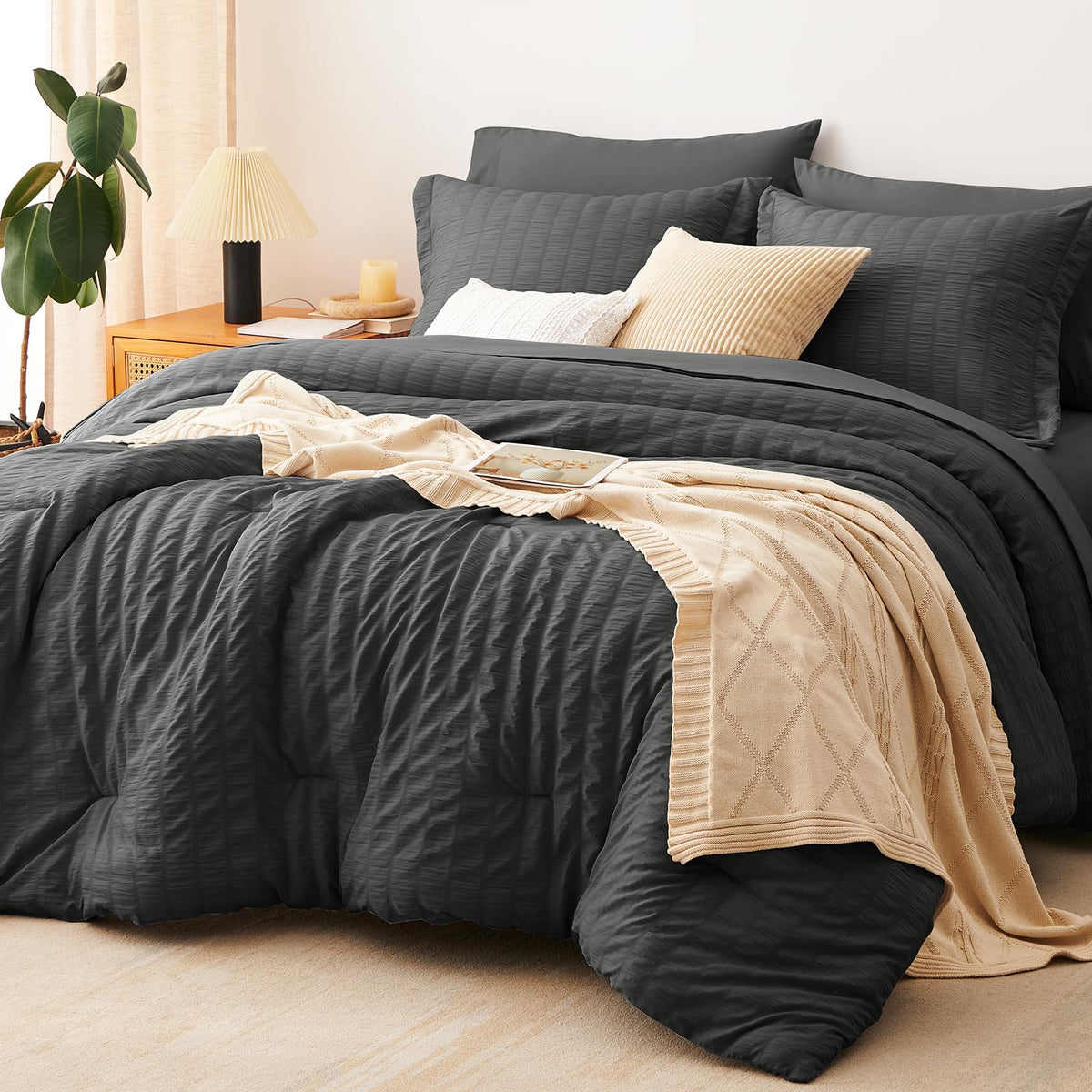 CozyLux queen comforter set in seersucker dark grey for year round warmth and style