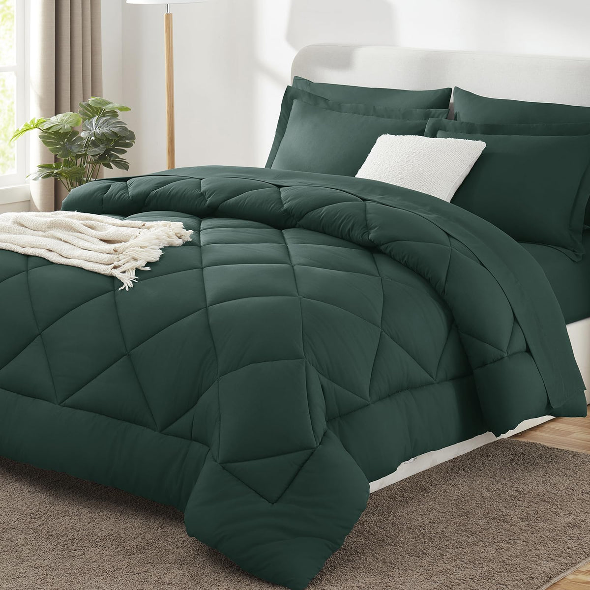 CozyLux queen forest green comforter set in full view for year-round softness