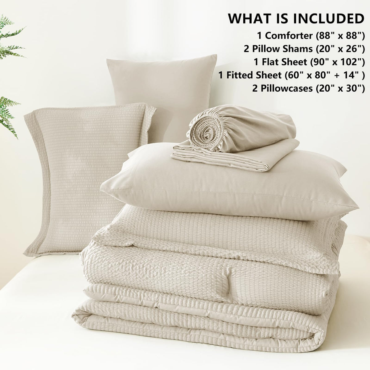 CozyLux pillow shams in beige complement the seersucker pattern with a hotel-inspired finish.
