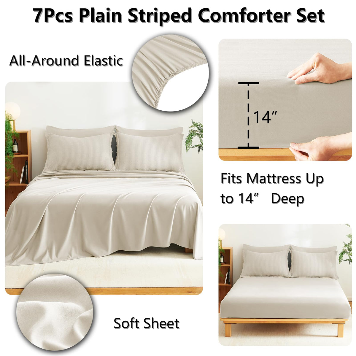 CozyLux queen pillowcases in beige showcase the striped seersucker for a coordinated look.