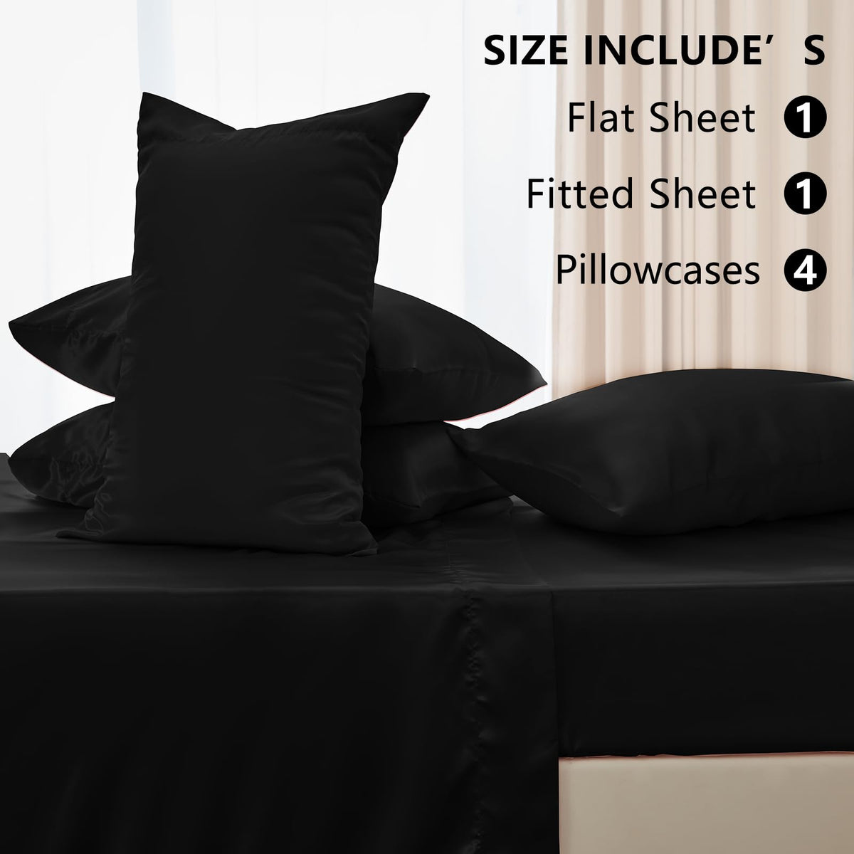 CozyLux satin sheets in black elevate bedroom decor with elegance.