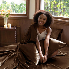 CozyLux Satin Sheets Bedroom Scene blends with any decor for a refined look.