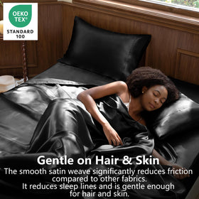 CozyLux satin fitted sheet in black hugs deep pockets with secure elastic.